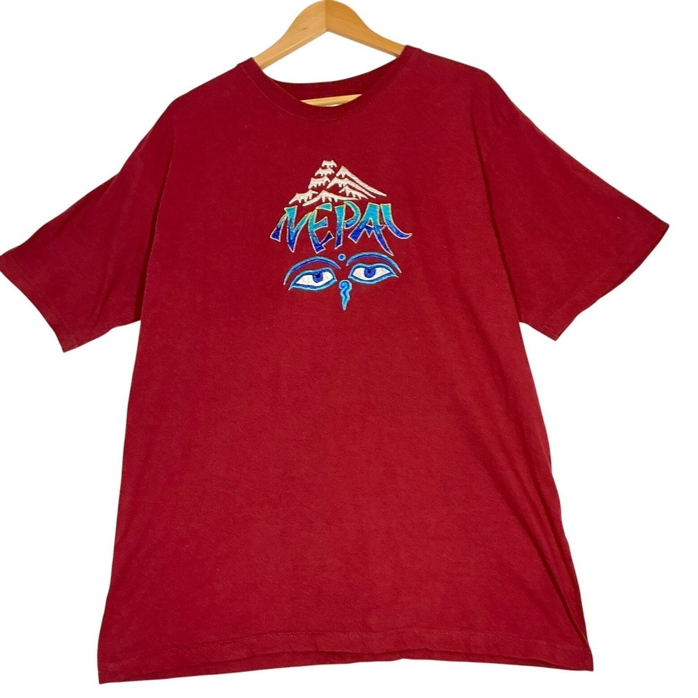 KAPAS Nepal Eye Mountain Artisan Graphic T Shirt Mens Red Cotton Quality Size XL